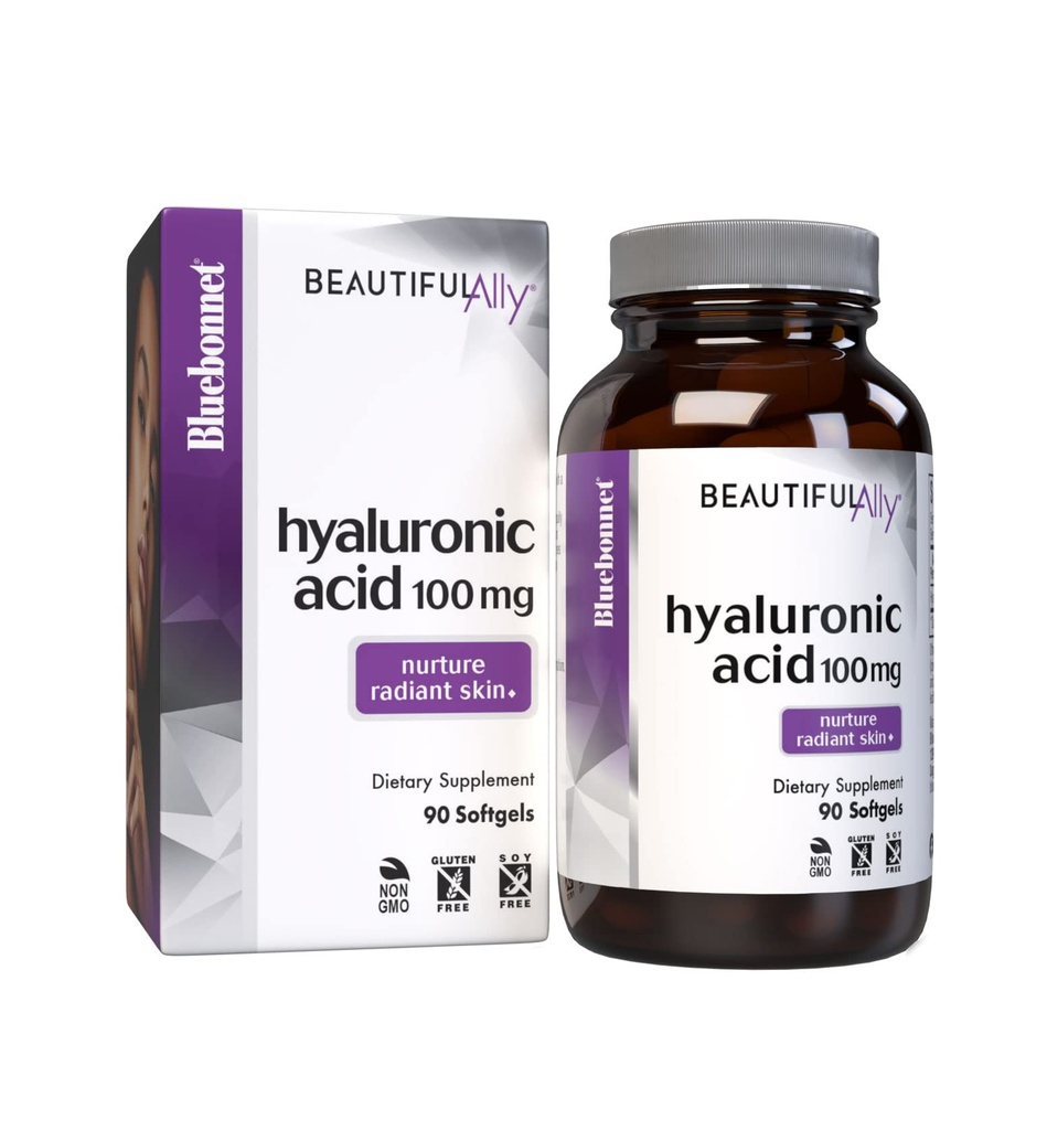 Bluebonnet Nutrition Beau Acide Hyaluronique Allié 100mg, Nurture Radiant Peau*, Non-OGM, Sans gluten, Sans soja, 90 Softgels, 90 portions
