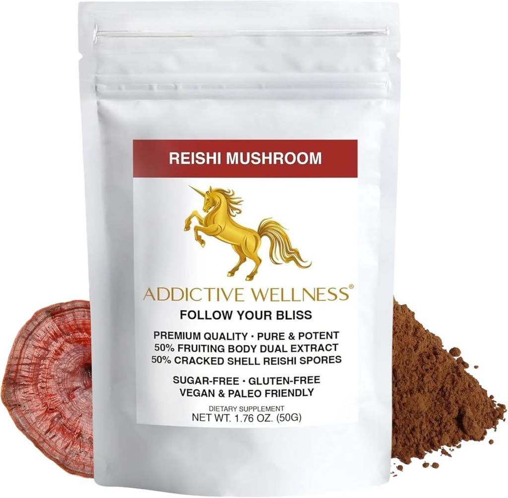 Bien-être addictif Reishi Extrait de champignons Poudre + Spores (50/50 Mélange) Bois cultivé Pure & Potent Ganoderma 50g (1,76 oz)