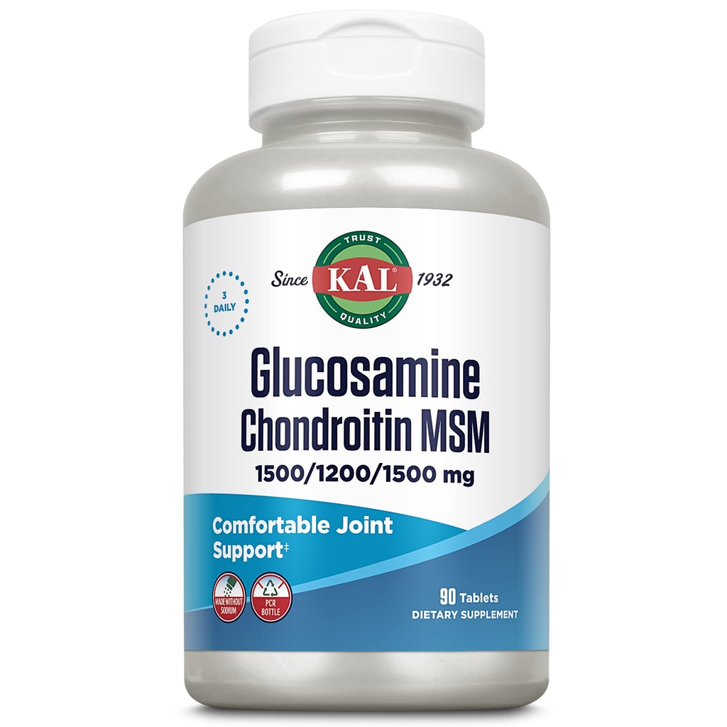 KAL Glucosamine Chondroitin MSM, Joint Support Supplement voor vrouwen en mannen, 1500mg Glucosaminesulfaat, 1200mg Chondroitin, 1500mg MSM, Snelle Disintegratie, 60 dagen garantie, 30 porties, 90 tabletten