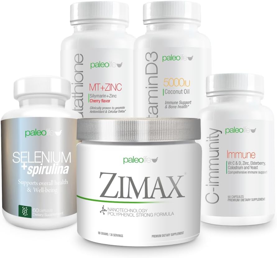 Premium Maximum Defense Value Kit: This 5 Premium Supplements and Vitamins kit Includes: Zimax, Selenium + Spirulina, Glutathione MT + Zinc, Vitamin D3, and C-Imm.