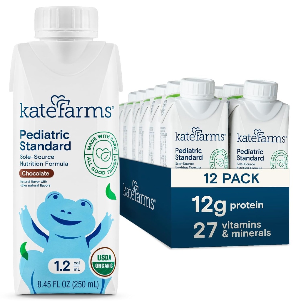 KATE FARMS Biologische Pediatrie 1.2 Hoge Calorie Chocolade Voeding Schudden, 12g Proteïne, 27 Vitaminen en Mineralen, Maaltijden Vervanging, 8,45 oz (12 pack)