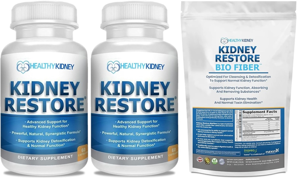 Nier Reiniging en Niergezondheid Supplement ter ondersteuning van de normale nierfunctie 60 caps-2 Pack + Biovezel, Nierreiniging Detox & Reparatie - Restoratieve Nierondersteuning & Niersupplement 2.5 LBS