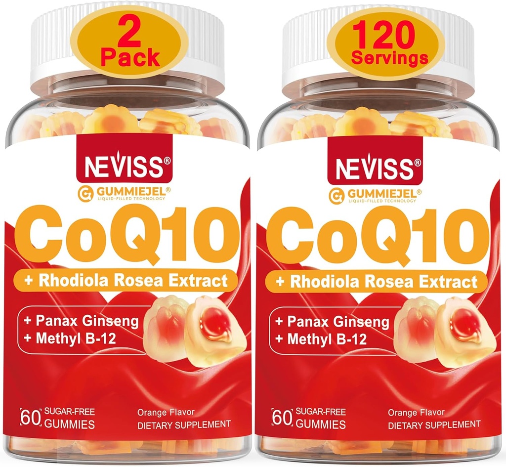 NEVISS Suikervrij CoQ10 Gevulde Gummies met Vitamine B12 1000mcg, Rhodiola Rosea en Panax Ginseng Extract, Vitamine B6, Co-enzym Q10 Supplement, 2 Pack