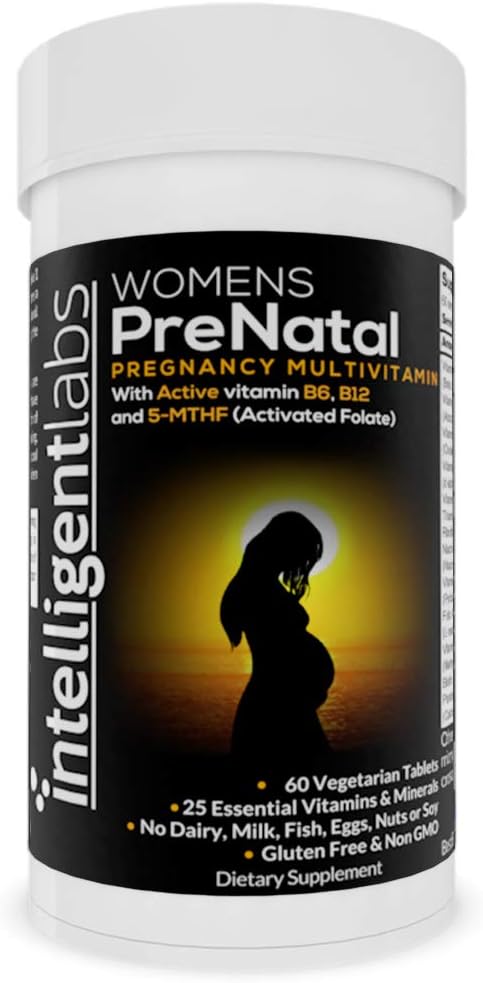 Intelligente labs Vrouwen prenatale multivitamine, 25 essentiële zwangerschap vitamines en mineralen, met 5-MTHF geactiveerde folaat, actieve B12 en B6, gemakkelijk te nemen, 2 maanden levering