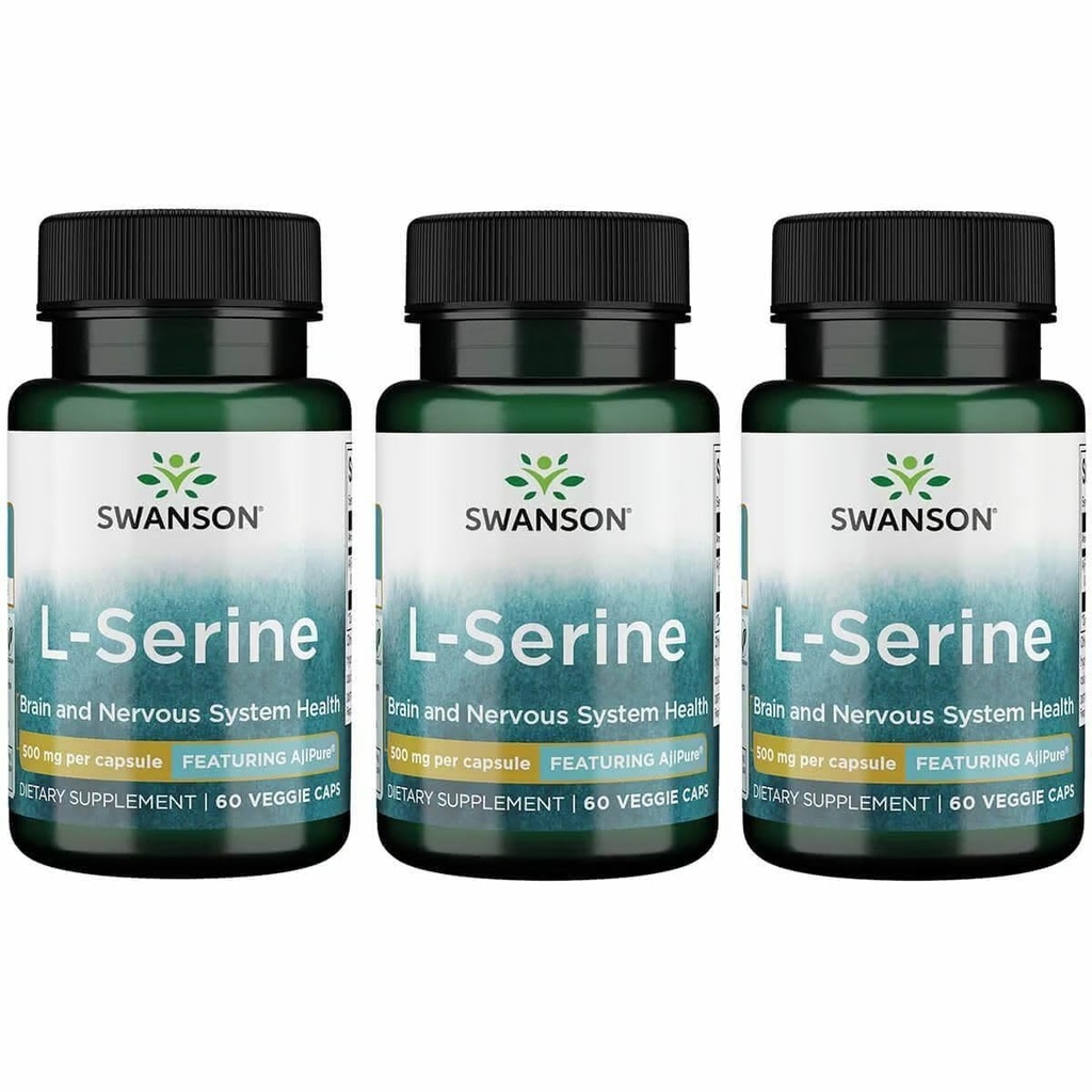 Swanson Ajipure L-Serine - Supplément acide amino appuyant la santé cérébrale et la fonction du système nerveux - Formule naturelle favorisant la fonction cognitive - (60 capsules de Veggie, 500mg chacune) (3 pack)