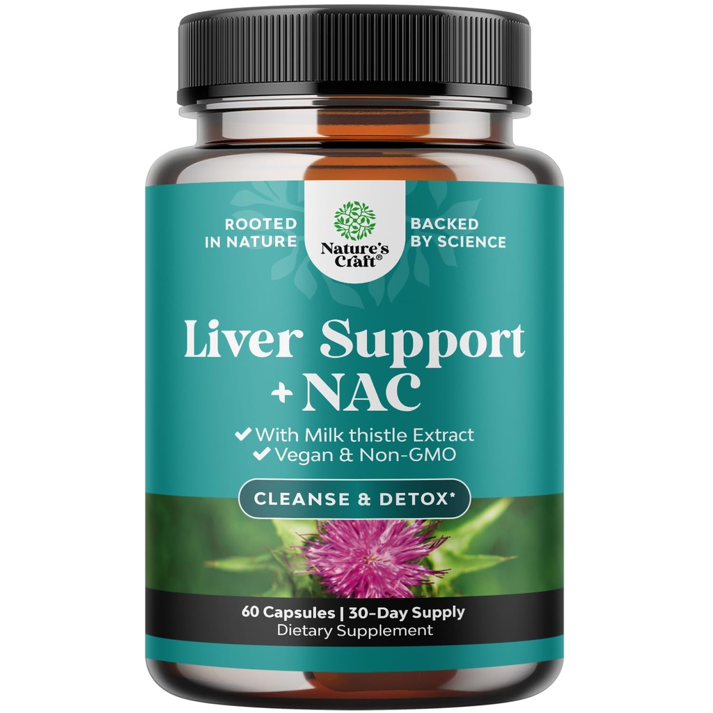 Leverondersteuning NAC-supplement met melkdistel voor leverreiniging Detox & Repair - N Acetyl Cysteine supplement voor leverreiniging met kurkuma, Choline, Dandelion & L-Glutathione - 60 Tel.