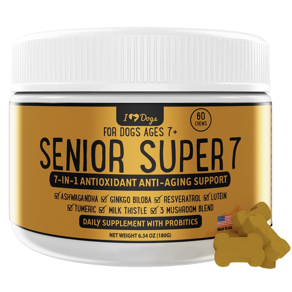 iHeartDogs Senior Super 7 Daily Dog Multivitamin - 7-en-1 Vitamine pour les chiens soutient l'anti-âge avec les antioxydants, probiotiques, Lion's Mane, Turquie Tail, et Ashwagandha pour la longévité et le renforcement cognitif