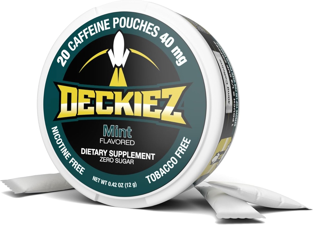 Deckiez energie zakjes, 5 blikjes (100 porties), suikervrije cafeïne supplement, koffie zakjes en energie drank alternatief, 50 mg cafeïne zakjes, munt smaak
