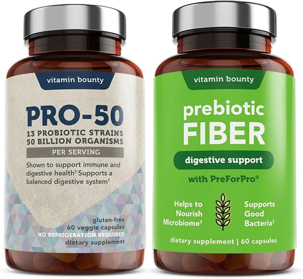 Vitamine Bounty Pro-50 Probiotica & Prebiotic Fiber Bundle: 13 Strains, 50 Miljard CFUs, Digestieve & Gut Health Ondersteuning, Vertraagde Release Capsules - 90 Capsules Totaal voor mannen & vrouwen