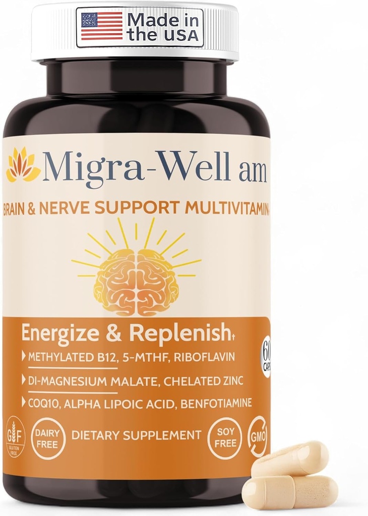 Migra-Well AM: Multivitamines Méthylées quotidiennes en énergie avec des minéraux et des antioxydants biodisponibles pour soutenir la santé cérébrale et nerveuse des femmes et des hommes - sans fer (60 capsules)