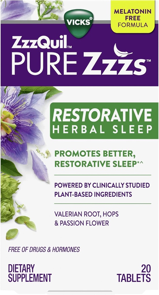 Vicks, ZzzQuil Pure Zzzs Restorative Herbal Slaaphulp Tablets, 20 Tellen