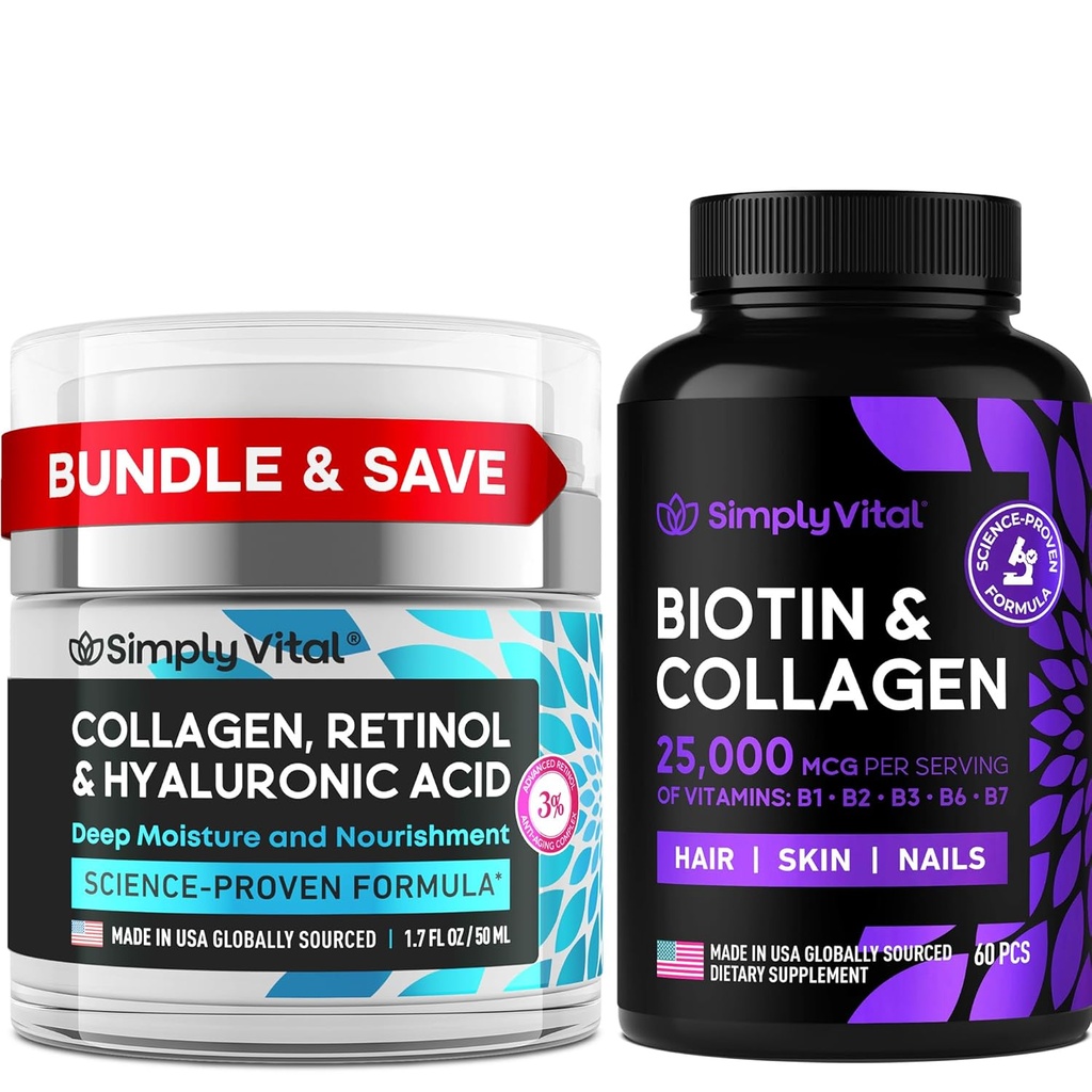 SimplyVital Biotin, Collagen & Retinol Bundle – 5000mcg Biotin pour cheveux, peau et ongles + Crème anti-âge de rétinol et acide hyaluronique pour visage, cou & décolleté – Fabriqué aux États-Unis