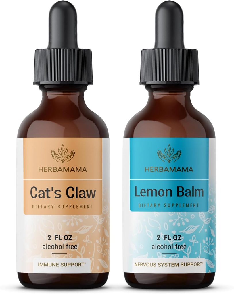 Kit de gouttes liquides à base d'herbe - Ensemble d'extrait de griffe de chat 2 fl oz et de teinture de baume de citron 2 fl oz - Supplément végétal à base de plantes Extrait liquide - Non OGM, sans sucre et sans alcool - 2 Pack