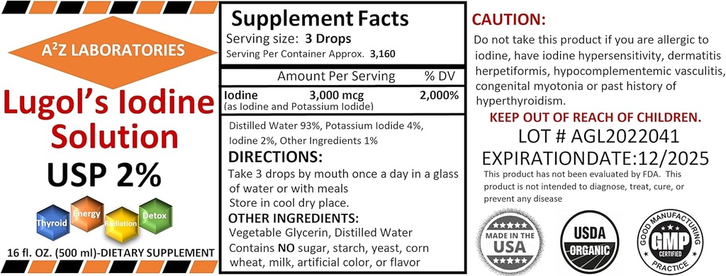 A2Z Iodine biologique de Lugol et Iodide de potassium 2% Solution 3000 mcg - Des gouttes de supplément liquide pour le soutien de la thyroïde pour les femmes et les hommes, Métabolisme Santé, Detox Boost -16 Fl Oz/USA/Ships Aujourd'hui! (1)