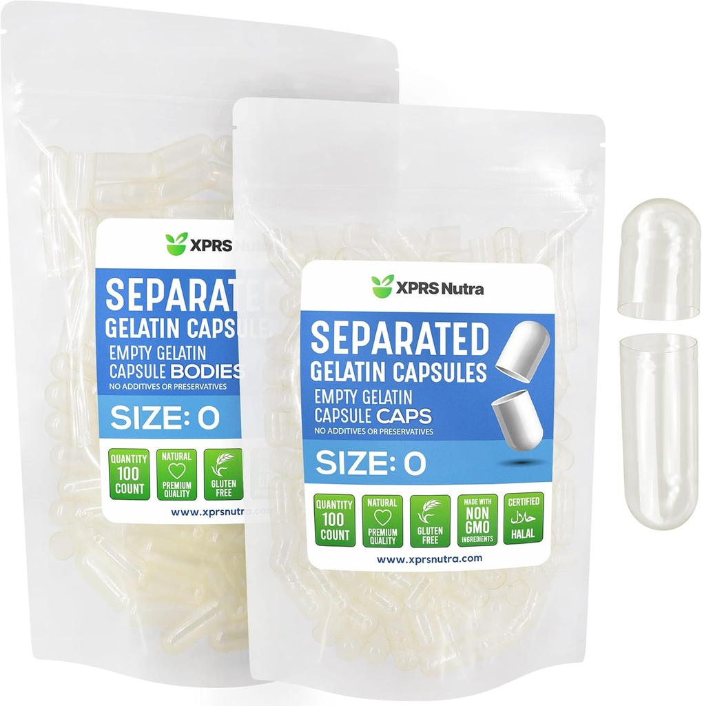 XPRS Nutra Gelatine Maat 0 Gescheiden Capsules - 100 Tel leeg Lege Capsules gescheiden in zakken - Maat 0 Gelatine Pillen - Heldere Gel Caps voor DIY supplement vullen