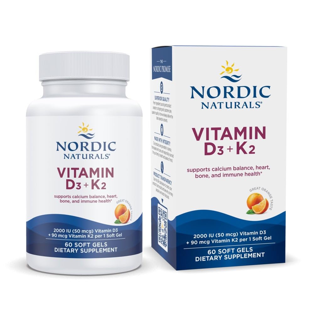Nordic Naturals Vitamine D3 + K2, Orange Taste - 60 gels doux - Soutien synergique pour les os, la fonction immunitaire et l'équilibre au calcium - Non-OGM - 60 portions