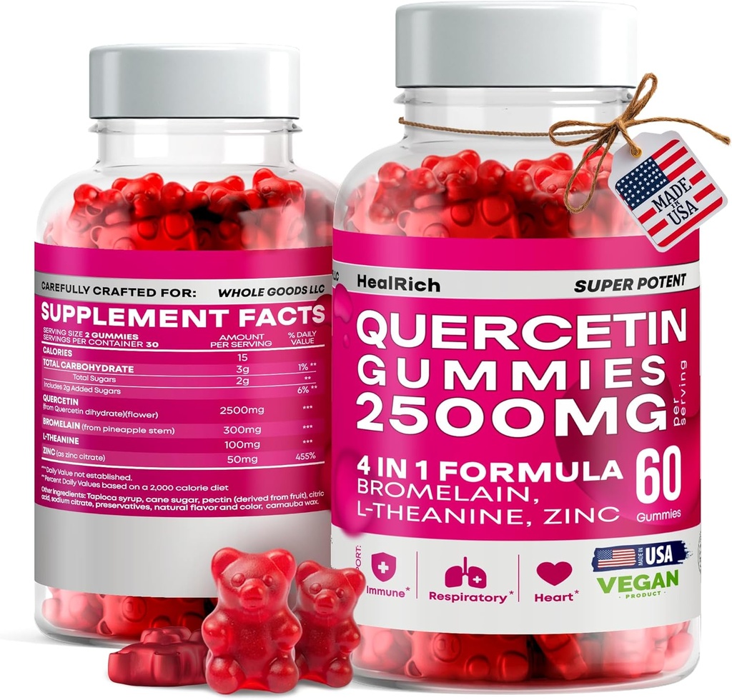 Quercetine Gummies - 2500MG met Bromelain, L-Theanine & Zink Vegan Immune Support Supplement voor kinderen en volwassenen - Allergie Relief & Lung Health