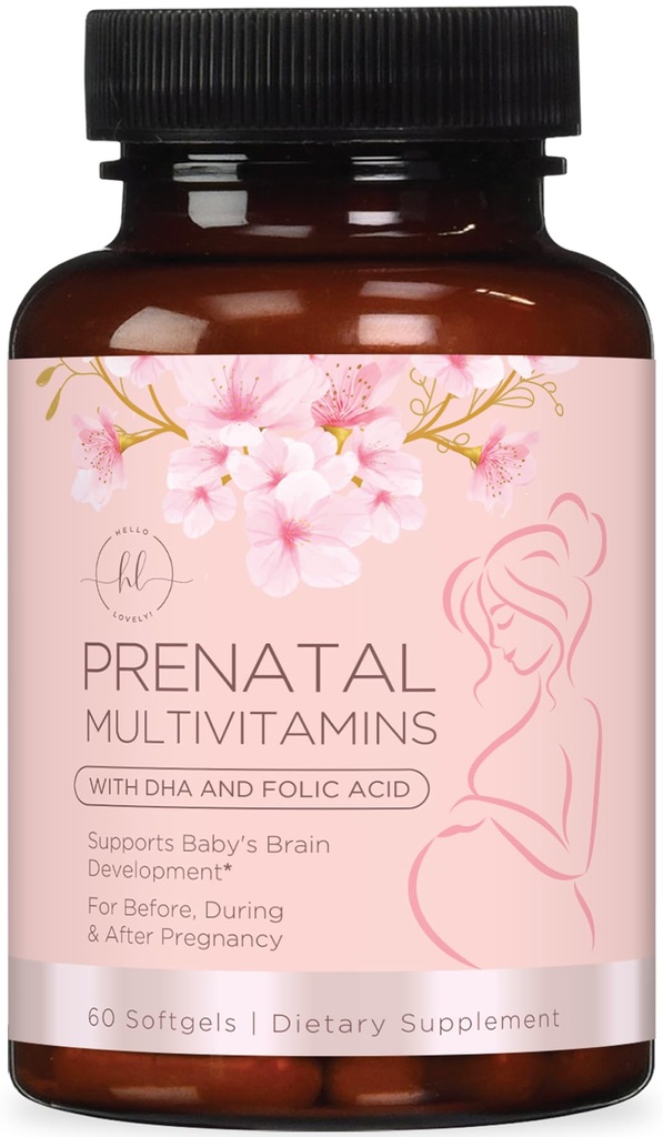 Vitamines prénatales pour les femmes atteintes d'acide folique et d'ADH, Soutien au développement du cerveau avec folate et oméga 3, multivitamine avec vitamine A, C, D, B6, B12 et fer, Supplément grossesse - 60 Softgels