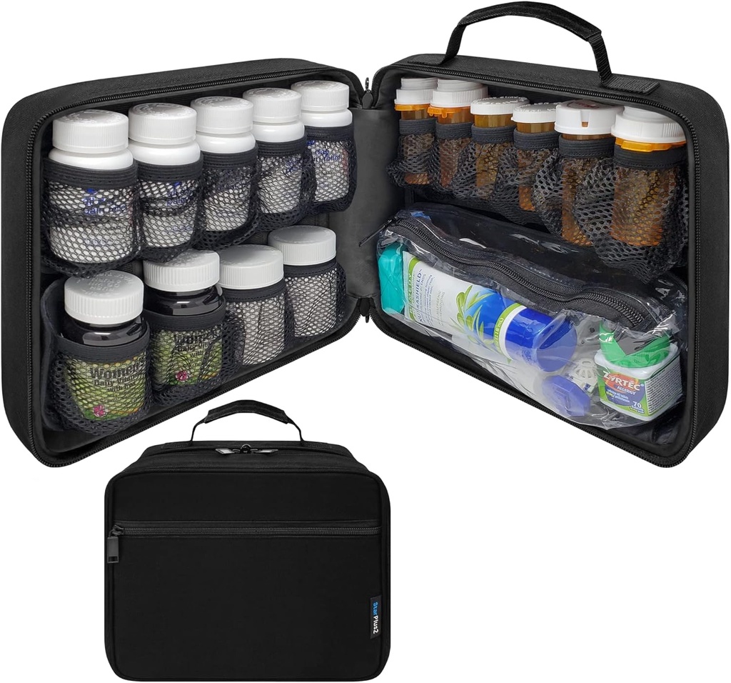 Grote gewatteerde Modulair Pill Fles Organisator, Medicine Bag, Case, Carrier voor Medicijnen, Vitaminen, en medische benodigdheden - voor thuis opslag en reizen - Zwart (Zonder slot)