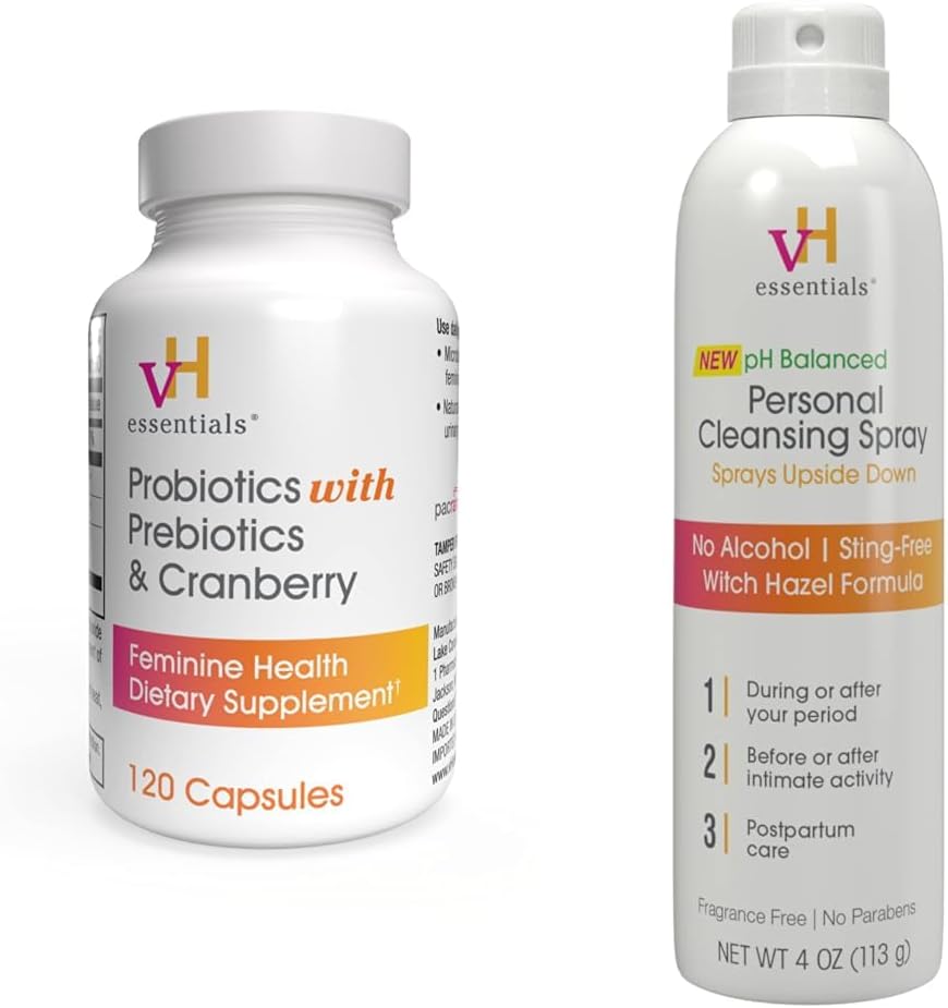 vH essentials Probiotica met Prebiotica en Cranberry Vrouwelijke Health Supplement - 120 Capsules en Personal Cleansing Spray Bundle