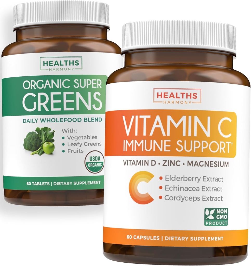 Super Greens & Vitamin C (1-maandvoorraad) Greens & C Synergy Bundle of Organic Super Greens Powder - Complete Superfood (60 capsules) & & & Vitamin C Immune Support (60 vegetarische caps)(Non-GMO)