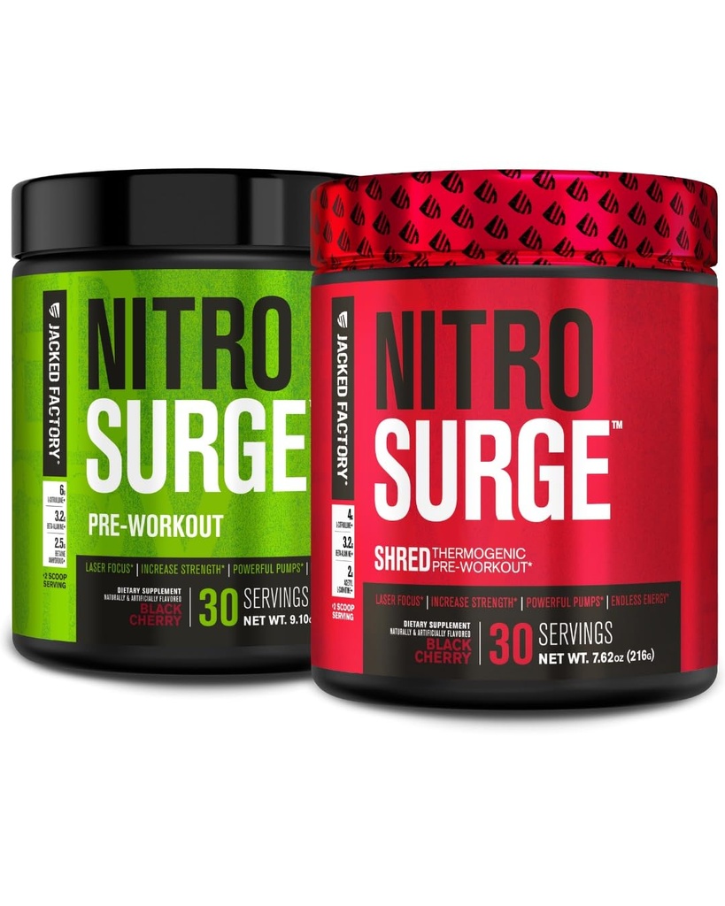 Jacked Factory Nitrosurge Pre-workout in Black Cherry & Black Cherry Nitrosurge Shred Thermogenic Pre-workout voor mannen & vrouwen