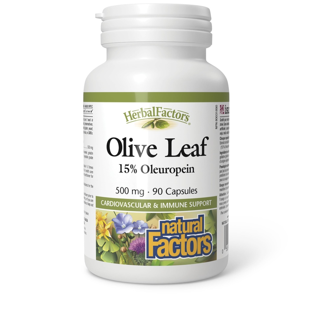 HerbalFactors by Natural Factors, Olive Leaf 500 mg, Natural Wellness Formula, 90 Capsules
