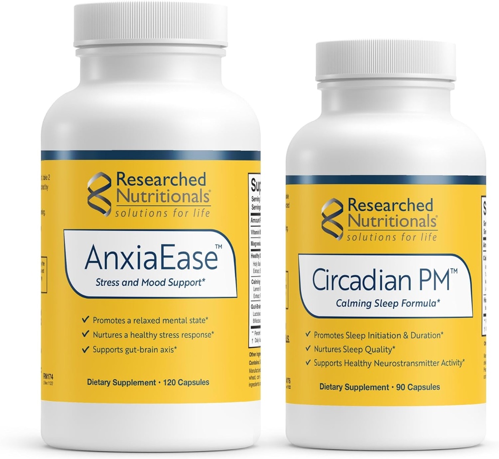 Onderzoek naar voedingsrelaxatiesteunbundel - AnxiaEase Stress, Cortisol Management & Mood Support Supplement (120 capsules) & Circadian PM for Peaceful Nights (90 capsules)