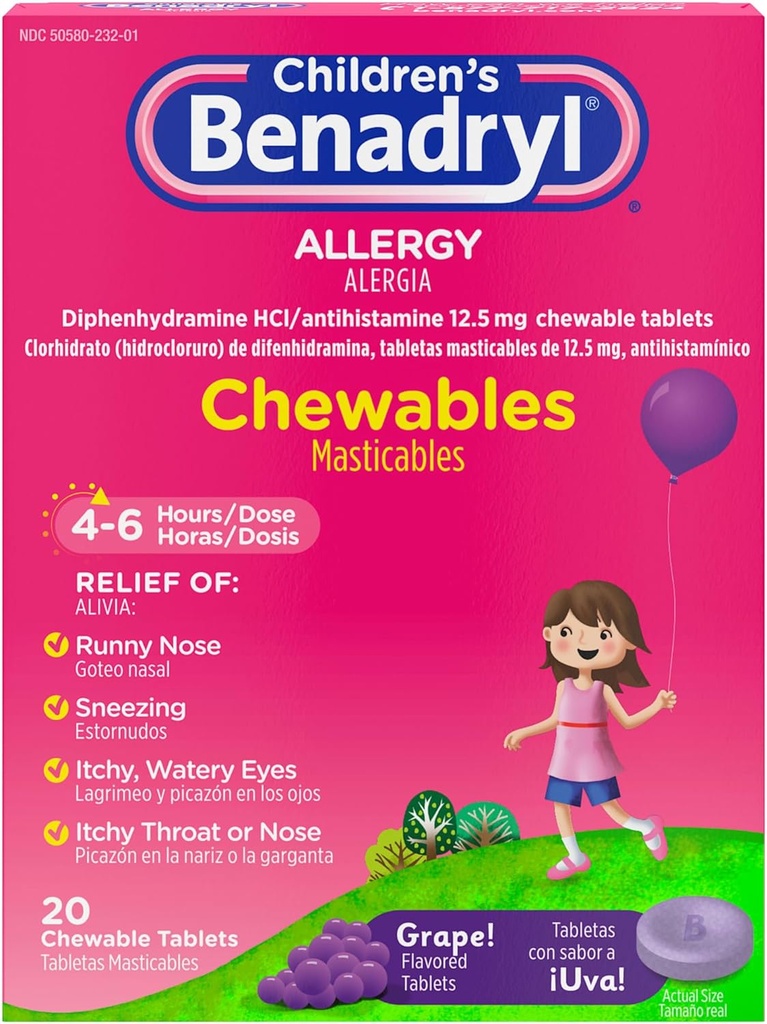 Benadryl Kinderallergie Geneeskunde Kauwtabletten met difenhydramine HCl, Kauwbare antihistaminica tabletten voor verlichting van allergiesymptomen zoals niezen & jeukende ogen, druivensmaak, 20 ct