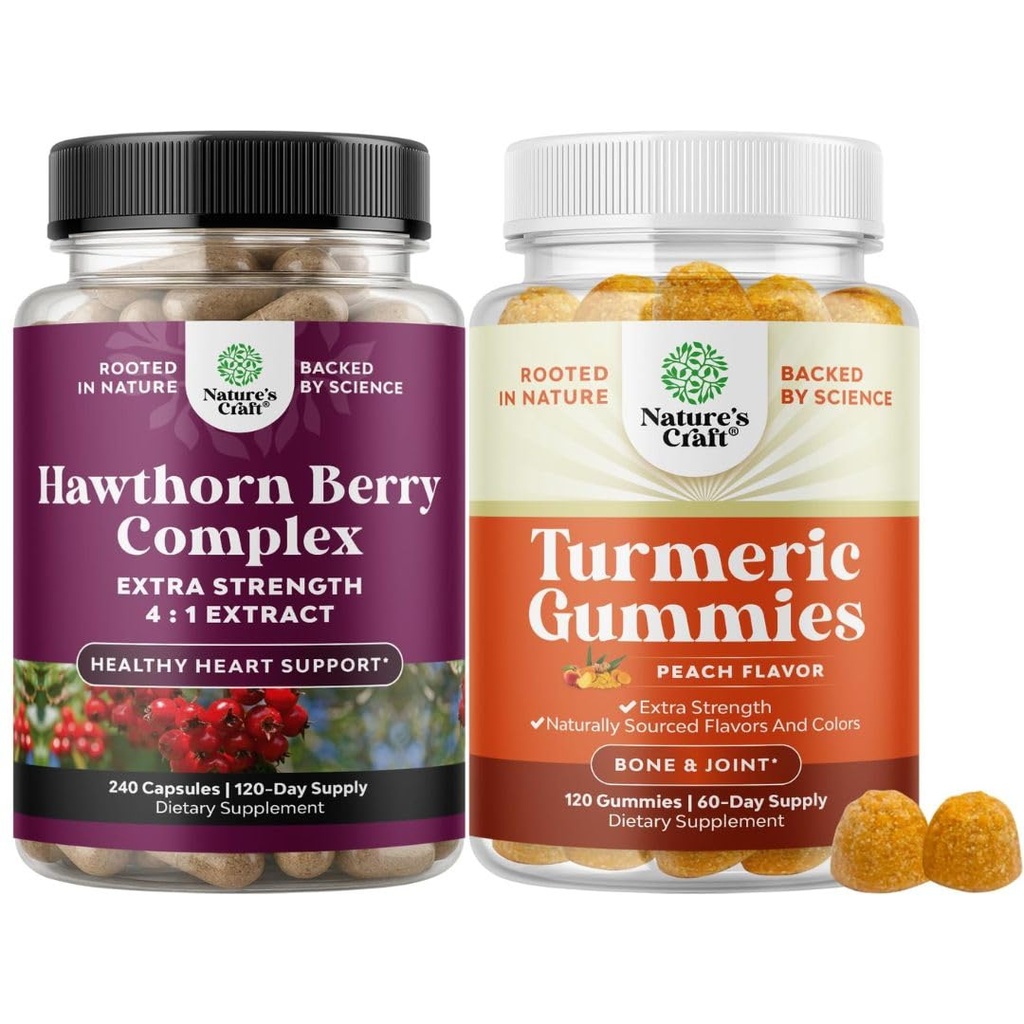 Ensemble de capsules de berry Hawthorn Extra Strength - Suppléments de digestion et de santé cardiaque et gummies curcuma pour adultes Peach Flavor - Gummies de soutien articulaires Extra Strength