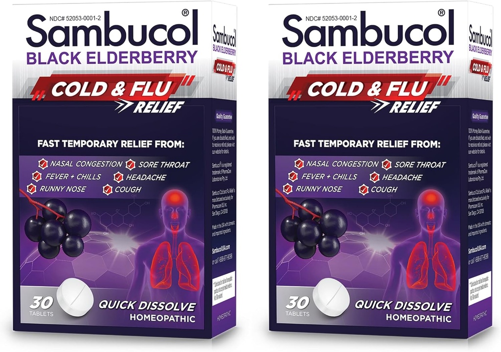 Sambucol Comprimés de soulagement du rhume et de la grippe - Médecine homéopathique du rhume, Assainissement de la congestion du Nasal et du Sinus, utilisation pour le nez runny, la toux, le traitement du froid pour les adultes - Aîné noir, 30 comtes, 2-paquets