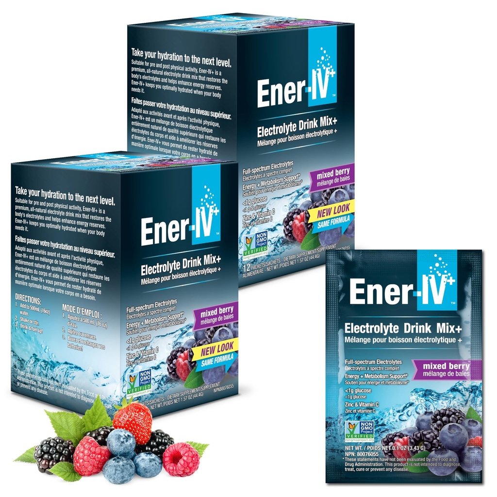 Ener-IV Electrolyte Drink Mix - Elektrolyten Poeder Paketten, Hydratatie Poeder Drink, Hydrate Liquid Mix, Lage Sugar Rehydratatie voor vrouwen en mannen - gemengde Berry, 24 Tel.