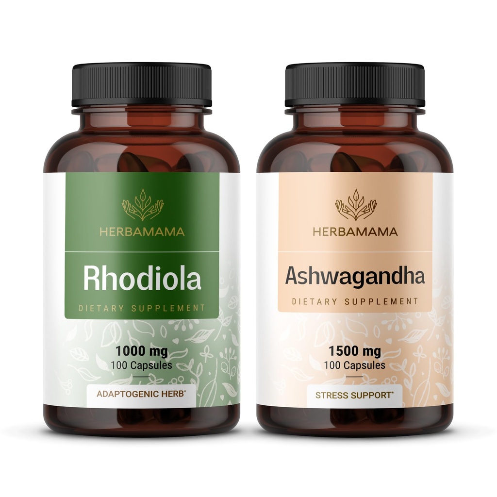 HERBAMAMA Rhodiola Rosea et Ashwagandha Kit - Ensemble de 1000 mg Rhodiola Rosea Capsules &1500 mg Ashwagandha Capsules Racines - Vegan, Non-OGM, Sans Gélatine - 2 Pack