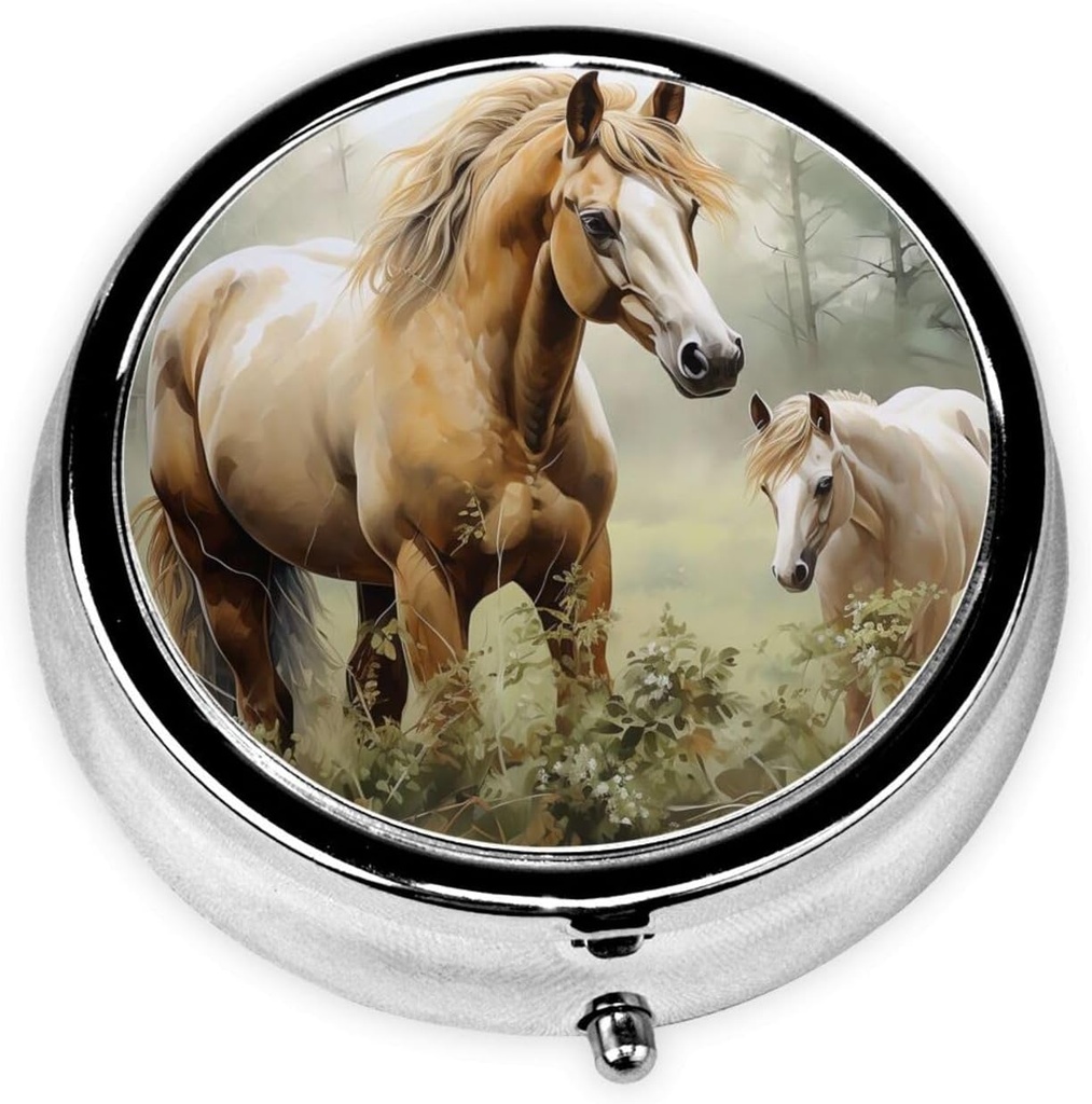 Pill Case with Mirror Retro 3 Compartiment Pill Box Animaux Broderie Peintures Chevaux Petite Pill Organizer for Purse or Pocket Decorative Metal Medicine Vitamine Organizer Cadeaux uniques