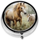 Pill Case with Mirror Retro 3 Compartiment Pill Box Animaux Broderie Peintures Chevaux Petite Pill Organizer for Purse or Pocket Decorative Metal Medicine Vitamine Organizer Cadeaux uniques