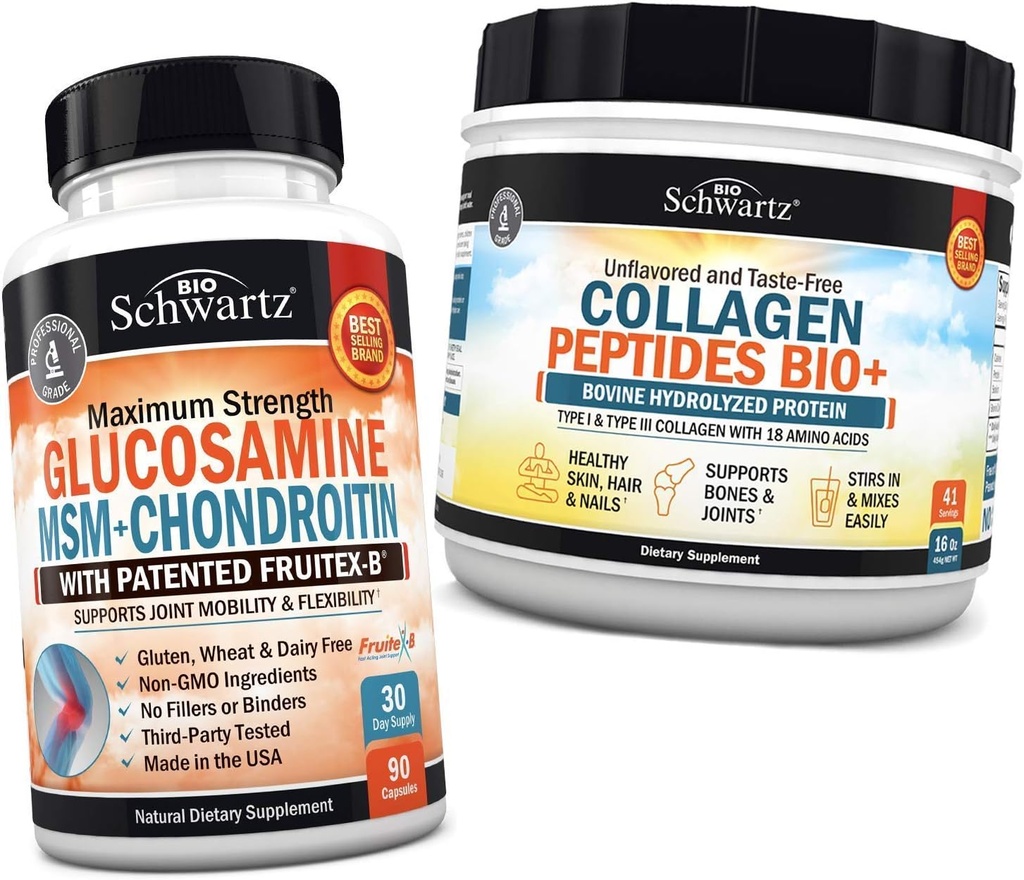 BioSchwartz Glucosamine Chondroitin MSM + Collageen Peptides Powder - Healthy Bone & Joint Support - Bevordert flexibiliteit en ondersteunt cartilage