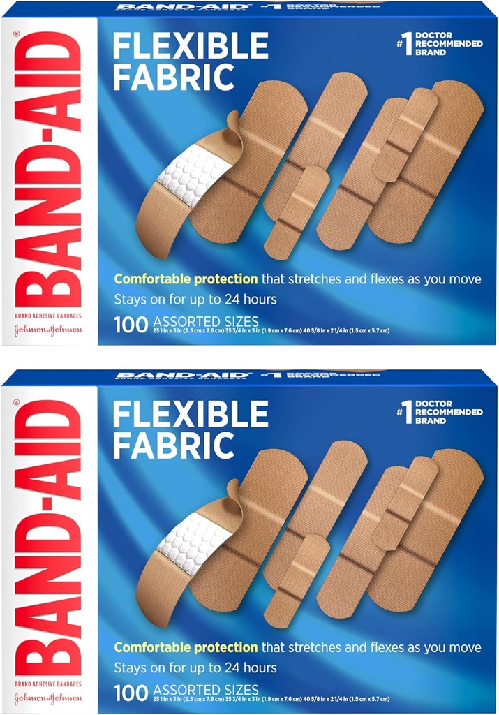 BAND-AID merk Flexibele stof lijm Bandages met Geheugen-Weave stof, Quilt-Aid Comfort Pad & Hurt-Free Pad; Wond Care for Minor Cuts, Scrapes, & Wounds, Assorted Sizes, 2 x 100 Tellen