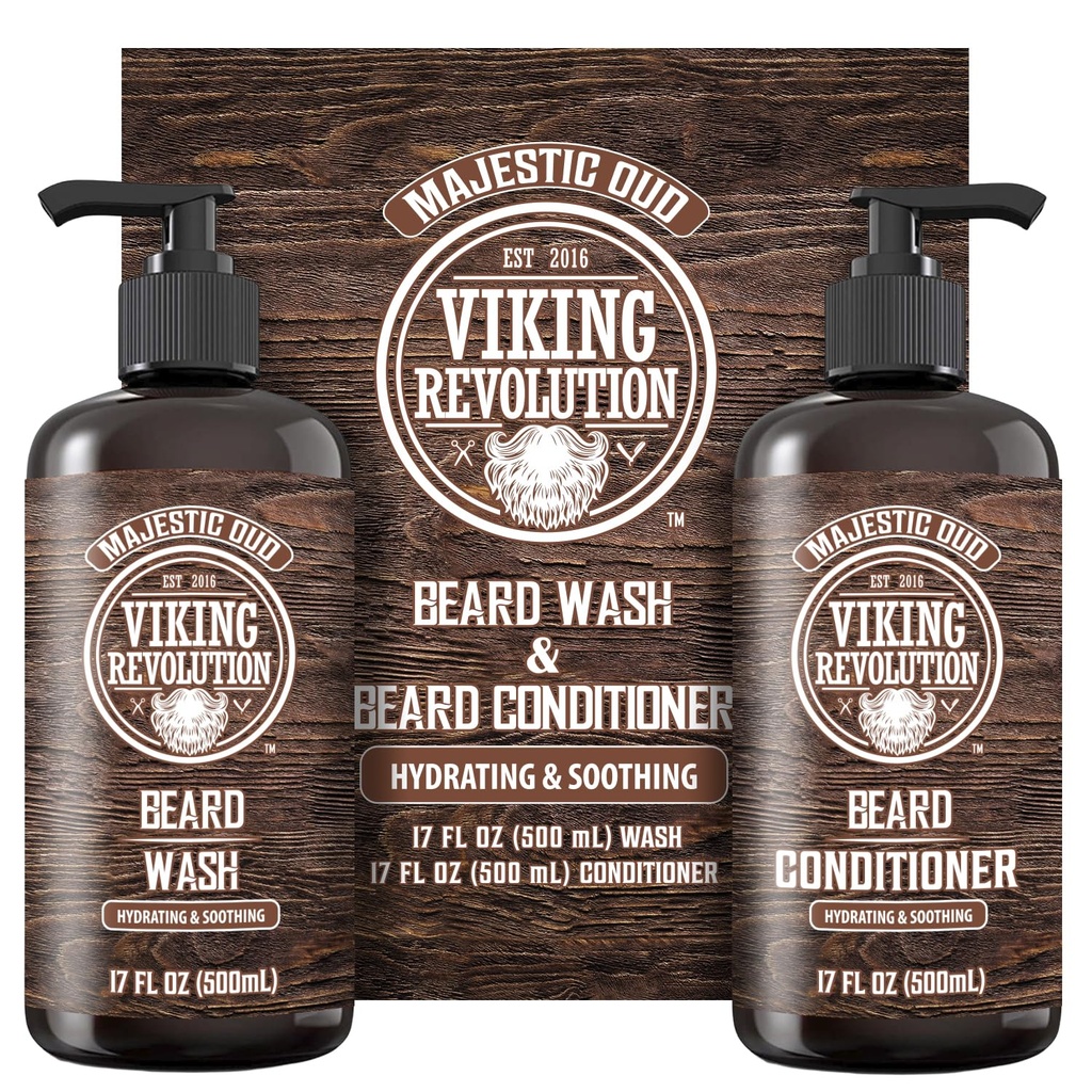 Viking Revolution Baard Wash en Baard Conditioner voor mannen met Argan Oil en Jojoba Oil - Baard Softener en Versterker Baard Care Baard Shampoo en Conditioner met Baardolie (17oz, Majestic Oud)