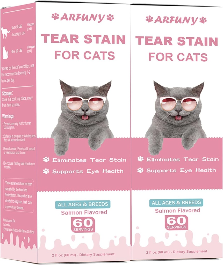 2 Packs Tear Stain Supplement voor Cat - Voorkomen en elimineren Katten Tear Vlekken - 60ML Kat Tear Stain Remover Drops for Eye Health, Immune System - met Cranberry, Marshmallow & Vitamines - Zalm