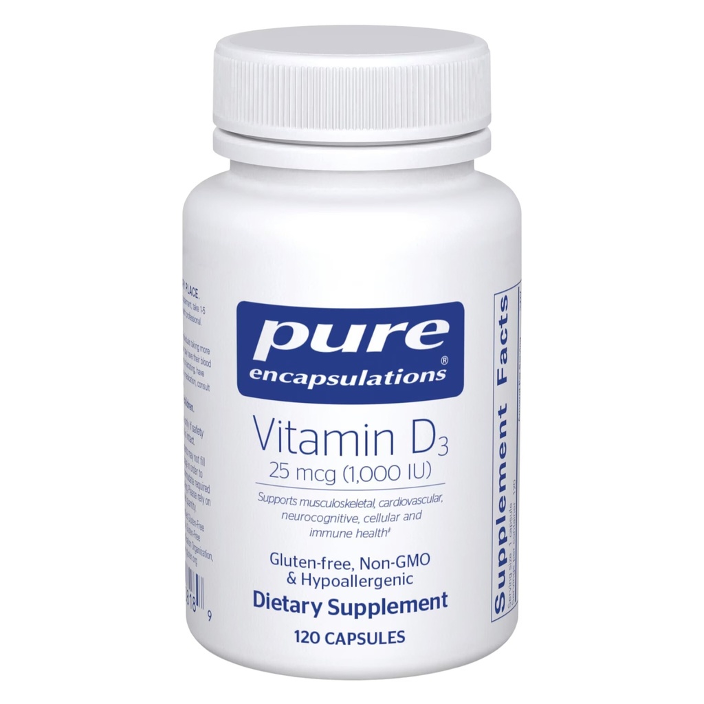 Pure Encapsulations Vitamine D3 25 mcg (1.000 IE) - Supplement ter ondersteuning van bot, gewrichts-, borst-, hart-, colon- en immuungezondheid - met Premium Vitamine D - 120 capsules