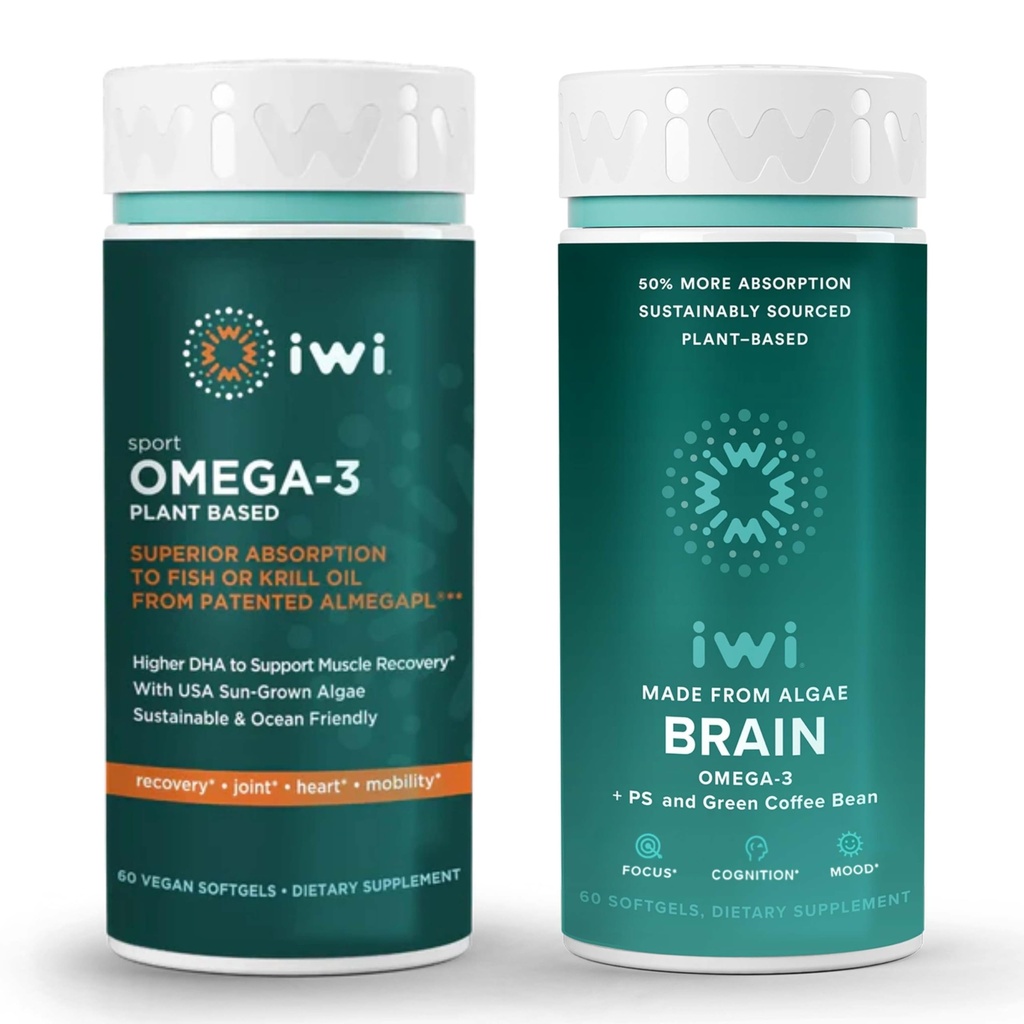 iwi Omega-3 Sport & Brain Omega-3 Bundle, 30 Servers, Vegan Plant Based Algen Omega 3 met EPA + DHA, Krill & Fish Oil Alternative, No Fishy Aftersmaak