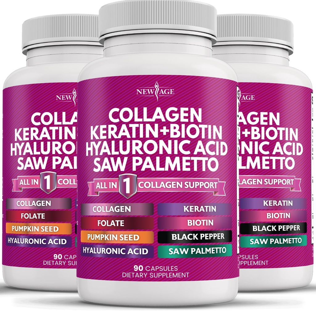 NIEUWE AGE Collageen Pillen Biotine Keratine Zag Palmetto Hyaluronzuur- Vitamine E Foliumzuur Pompoenzaad MSM- 270 Tel.