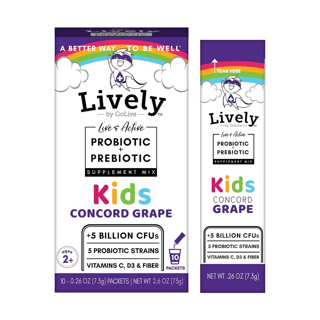 Levendig (door GoLive) KIDS CONCORD GRAPE Synbiotica (Probiotica+Prebiotica); 5 Klinische Strains; +5 miljard CFUs. Probiotica & Prebiotica KIDS voor digestie, Metabolisme, immuniteit. (10 verpakkingen)