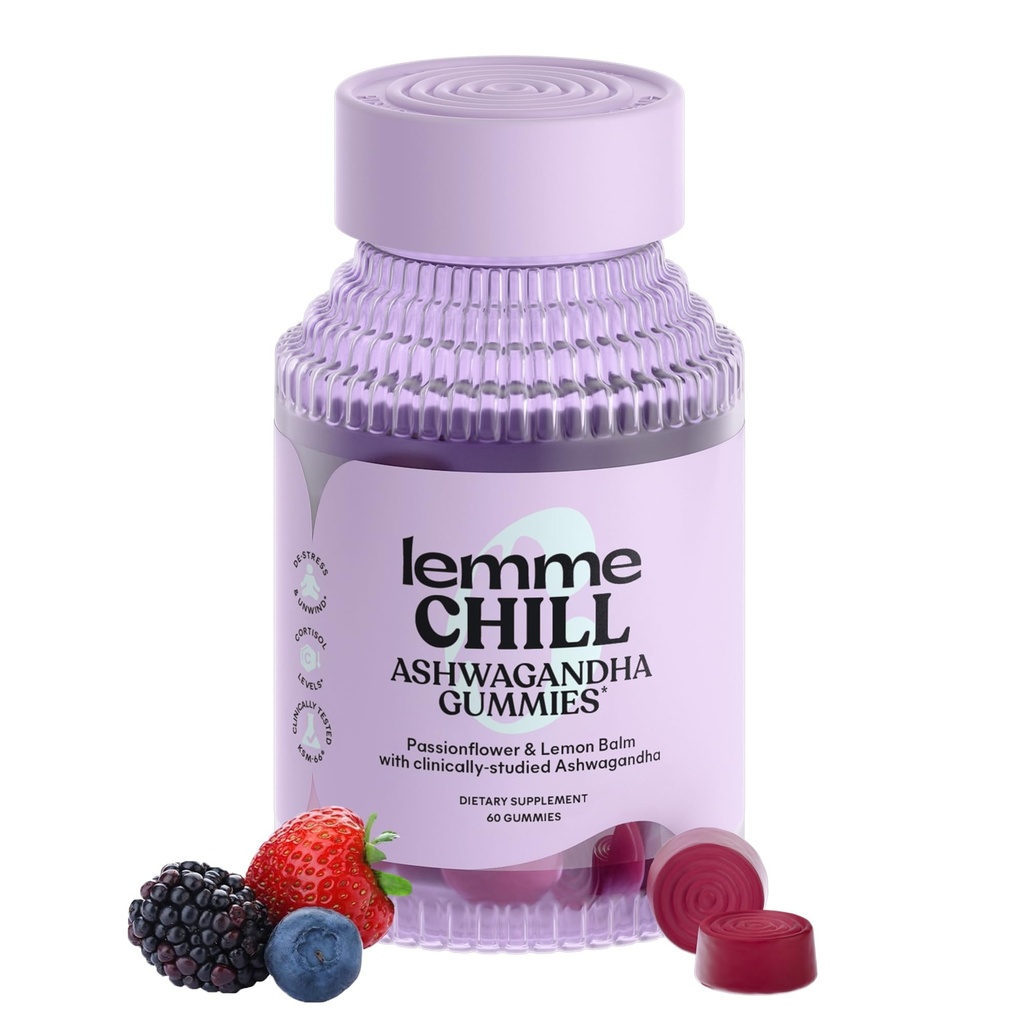 Lemme Chill Stress Relief Gummies met 300mg KSM-66 Ashwagandha, Lemon Balm, Passionflower & Goji ter ondersteuning van ontspanning, gezonde cortisol & Slaap - Glutenvrije, niet-GMO, gemengde bes (60 graaf)