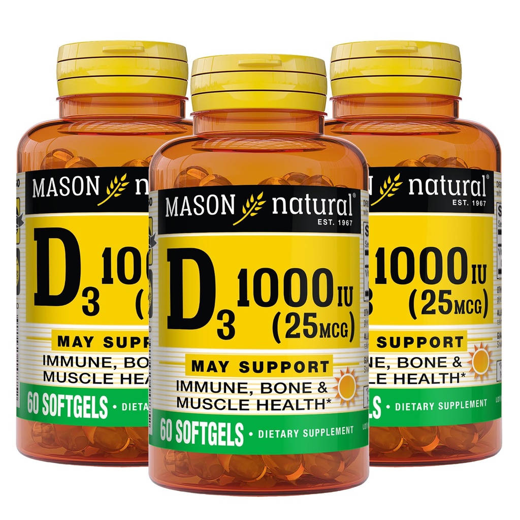 MASON NATUURLIJKE Vitamine D3 25 mcg (1000 IE), Bone & Immune Support, from Fish Liver Oil, 60 Softgels (pack of 3)