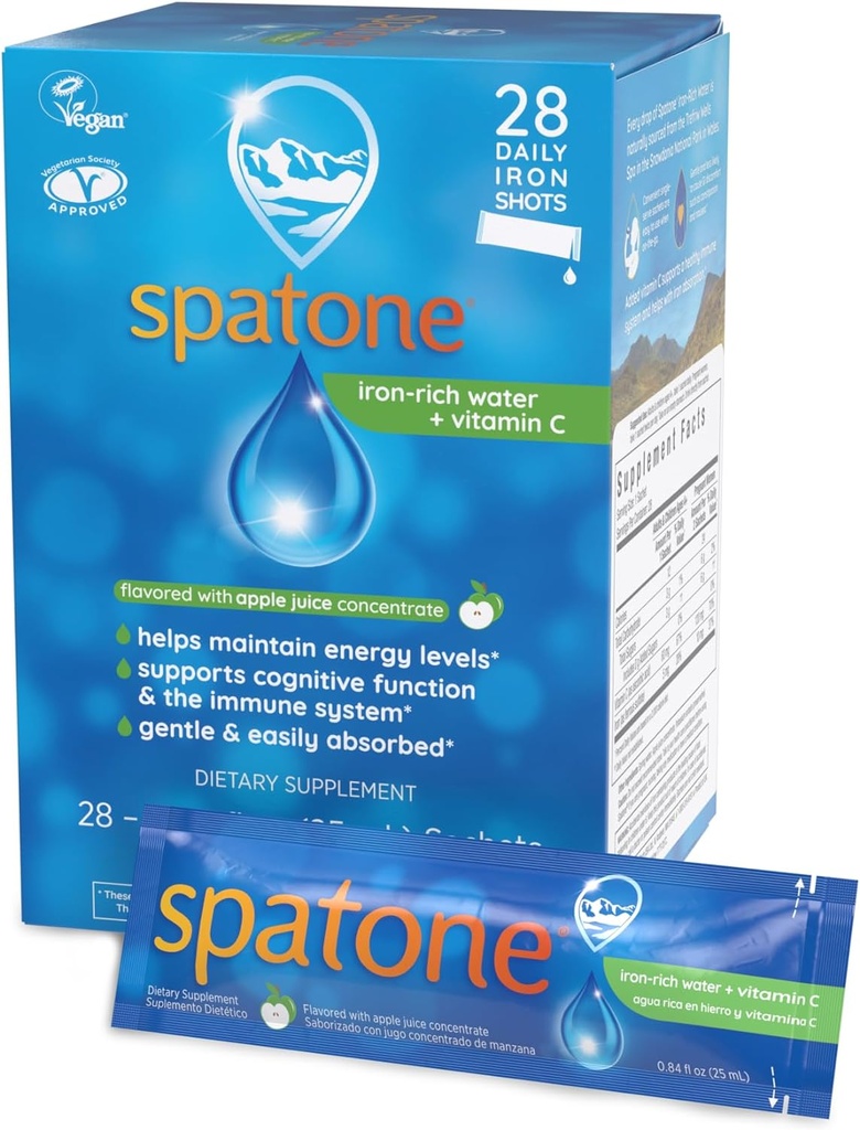 Spatone Natural Liquid Iron Supplement Plus VIT C voor vrouwen - Mannen & kinderen Leeftijd 4+ - Ideaal tijdens de zwangerschap - Gemakkelijk geabsorbeerd en zacht - Vegan - Apple Flavor - 28-Day - 5mg ijzer per 20ml Sachet