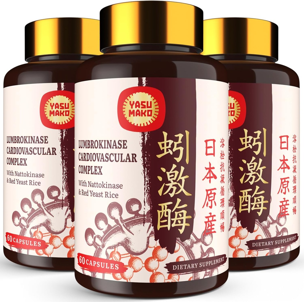 Lumbrokinase 100 mg (Max Activiteit 1.000.000 LKU), Nattokinase 100mg-2.000 FU activiteit en Rode Gist Rijst 300mg, Lumbrokinase Enzymen Supplement voor Circulatorium, Cognition,180 Capsules (verpakking van 3)