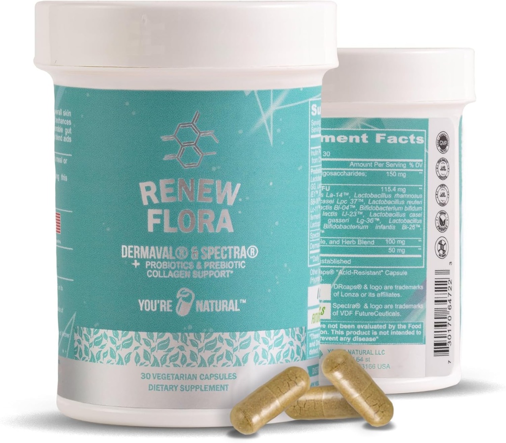 Renew Flora - Advanced Collageen & Skin Support - Antioxidant Plus Digestieve enzymen en Gut Support voor vrouwen en mannen met klinische studies - Lactobacillus en 12 geregistreerde probiotica - 30 dagen levering