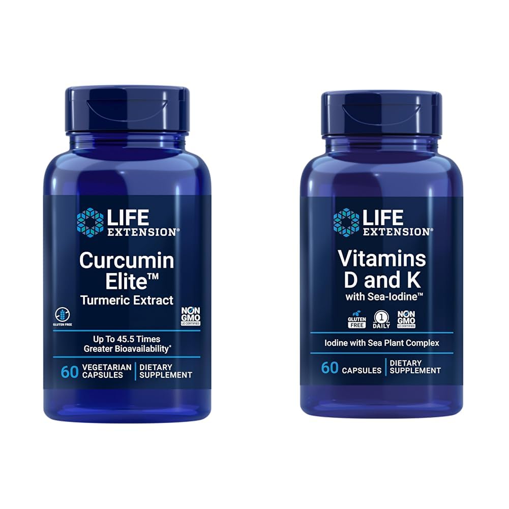 Prolongation de vie Curcumine Elite Extrait curcuma, favorise une réponse inflammatoire saine et les vitamines D et K avec l'iode de mer, vitamine D3, vitamine K1 et K2