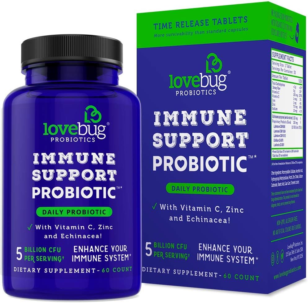 lovebug PROBIOTICS Immune Support Daily Probiotic for Men & Women, 40 Miljard CFU & 6 Strains, Includes Vitamine C, Zink & Echinacea, 30 Capsules, Vegan & Non-GMO
